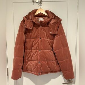 Rachel Parcell Velvet Rust Pink Mauve Puffer Jacket Hooded | Lined | Warm